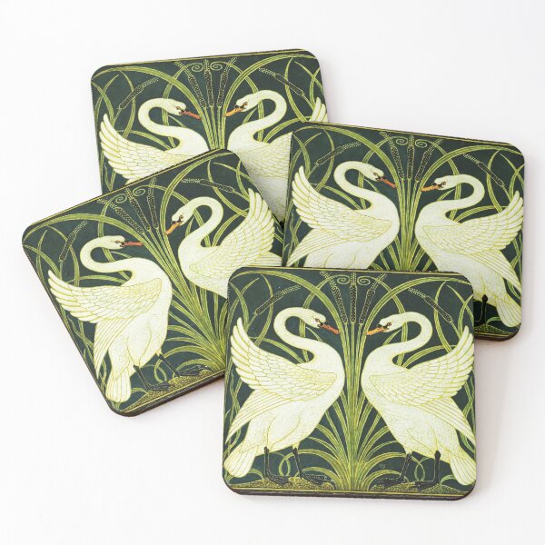 Item preview, TWO WHITE SWANS AMONG REEDS IN GREEN Art Nouveau Animals designed and sold by BulganLumini.