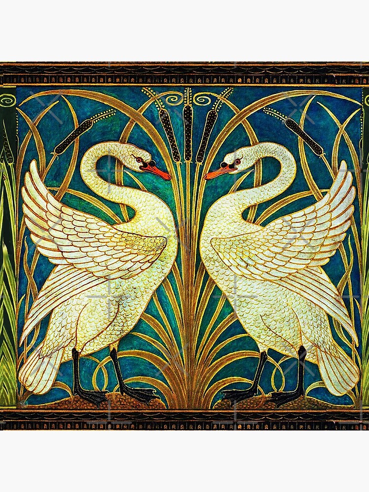 TWO WHITE SWANS AMONG REEDS IN BLUE Art Nouveau Animals by BulganLumini