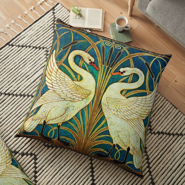 TWO WHITE SWANS AMONG REEDS IN BLUE Art Nouveau Animals Floor Pillow
