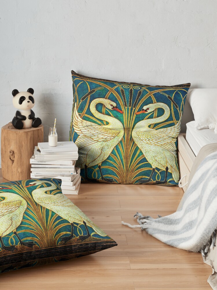 Alternate view of TWO WHITE SWANS AMONG REEDS IN BLUE Art Nouveau Animals Floor Pillow