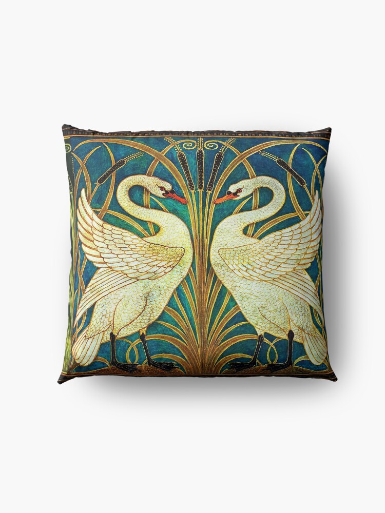 Alternate view of TWO WHITE SWANS AMONG REEDS IN BLUE Art Nouveau Animals Floor Pillow