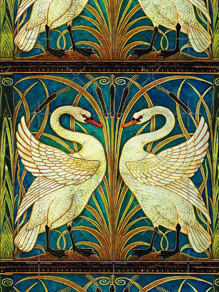 TWO WHITE SWANS AMONG REEDS IN BLUE Art Nouveau Animals