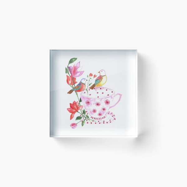 Item preview, Flower tea cup and birds in watercolor designed and sold by latiendadearyam.