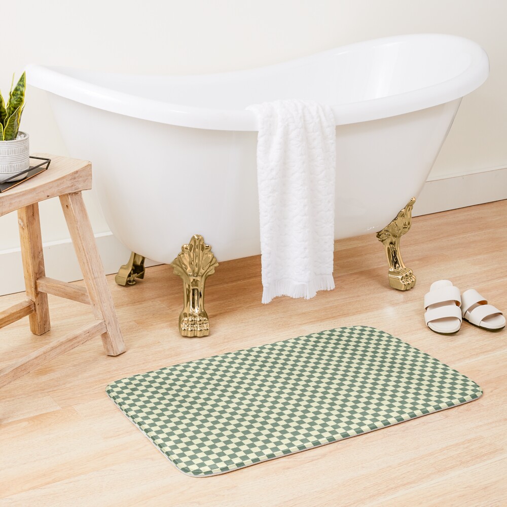 Prairie Sage Green and Cream Checkerboard Squares Bath Mat