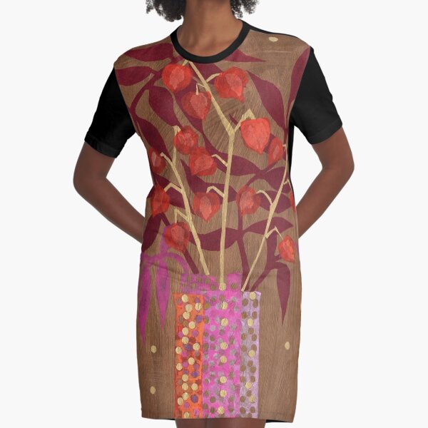 Chinese Lanterns, Paper Collage Papercut Autumn Flowers Floral Graphic T-Shirt Dress