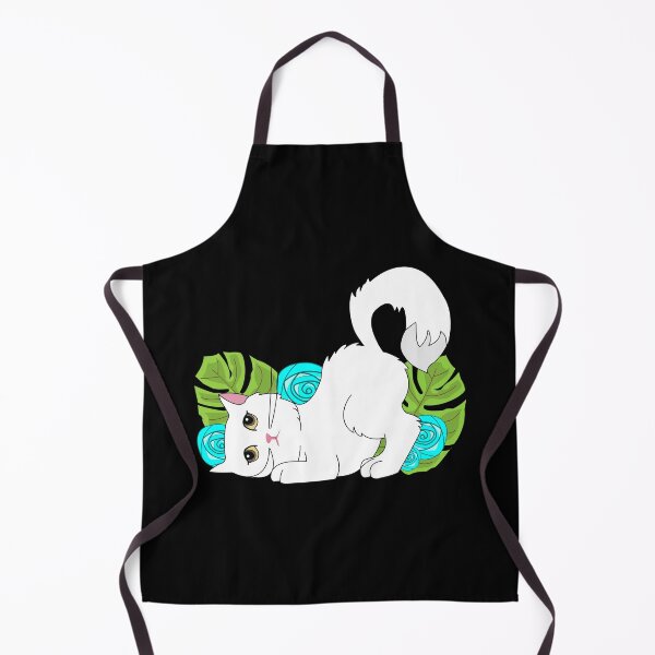 Item preview, Cute white cat with high tail and brown eyes in garden with big cyan flowers and leaves designed and sold by SGS-.
