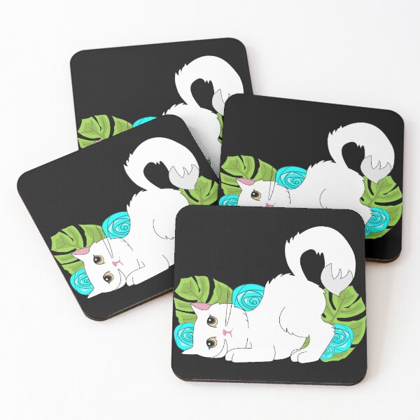 Item preview, Cute white cat with high tail and brown eyes in garden with big cyan flowers and leaves  designed and sold by SGS-.