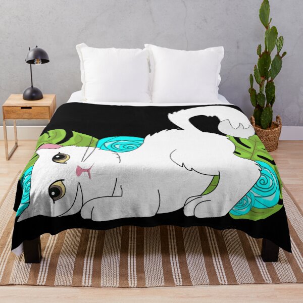 Item preview, Cute white cat with high tail and brown eyes in garden with big cyan flowers and leaves designed and sold by SGS-.