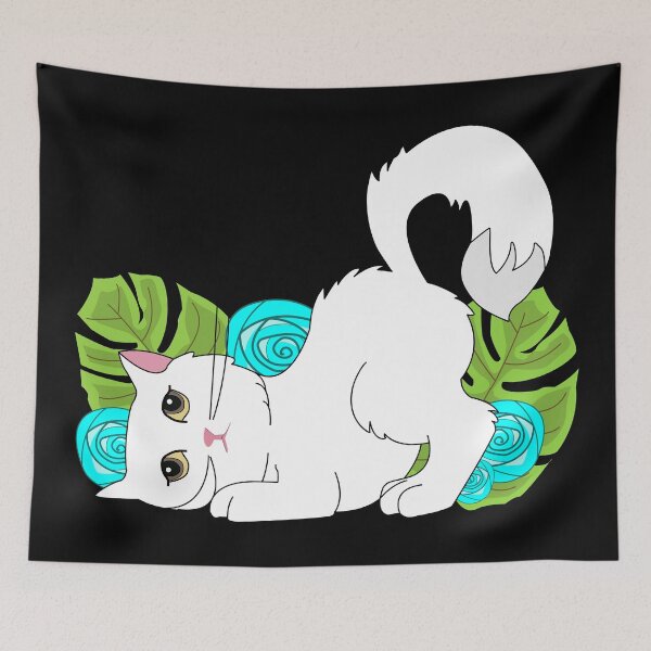 Item preview, Cute white cat with high tail and brown eyes in garden with big cyan flowers and leaves  designed and sold by SGS-.