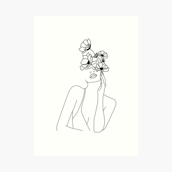 Minimal Line Art Woman With Flowers Art Art Print