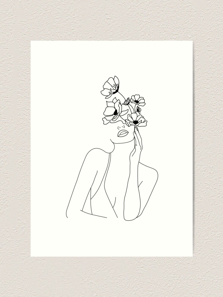 Alternate view of Minimal Line Art Woman With Flowers Art Art Print