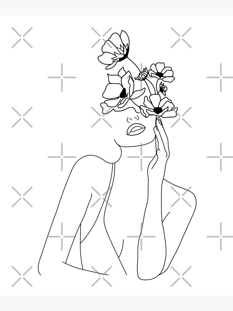 Minimal Line Art Woman With Flowers Art by zackup