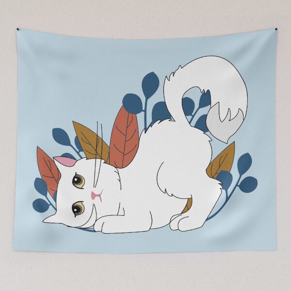 Item preview,  Cute white cat with high tail and brown eyes in garden with dark leaves  designed and sold by SGS-.
