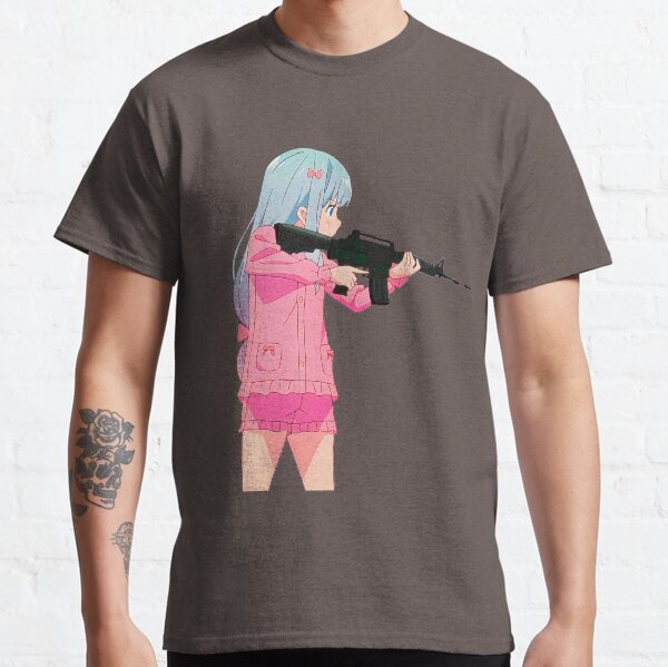 Militaristic style cute anime girl Sagiri Izumi with M16 automatic rifle. Military style girl Eromanga Sensei armed with M16A4 carbine assault rifle. | Dark grey Classic T-Shirt