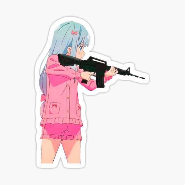 Militaristic style cute anime girl Sagiri Izumi with M16 automatic rifle. Military style girl Eromanga Sensei armed with M16A4 carbine assault rifle. | Dark grey Sticker