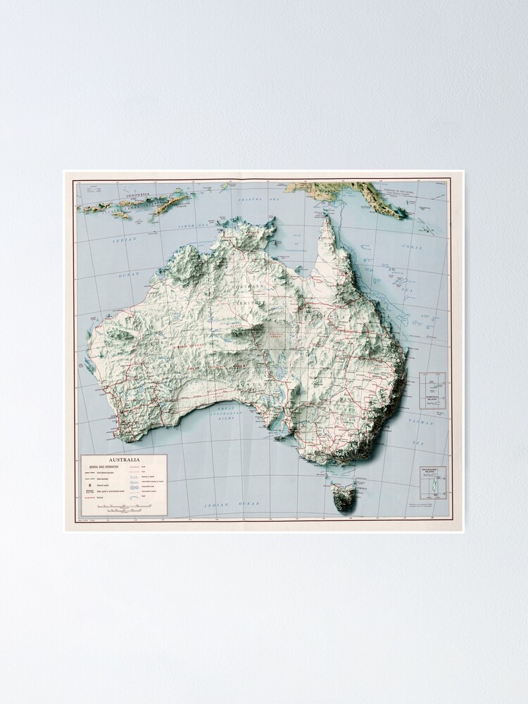 1959 Australia Relief Map 3D Digitally-Rendered" Poster By Thinkaboutmaps | Redbubble