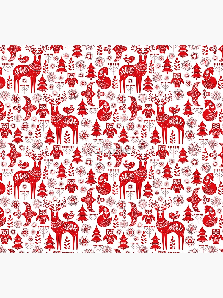 Christmas seamless pattern with deer, owls, foxes, and birds in white and  red. Scandinavian style. Folk art. Tapestry for Sale by Skaska