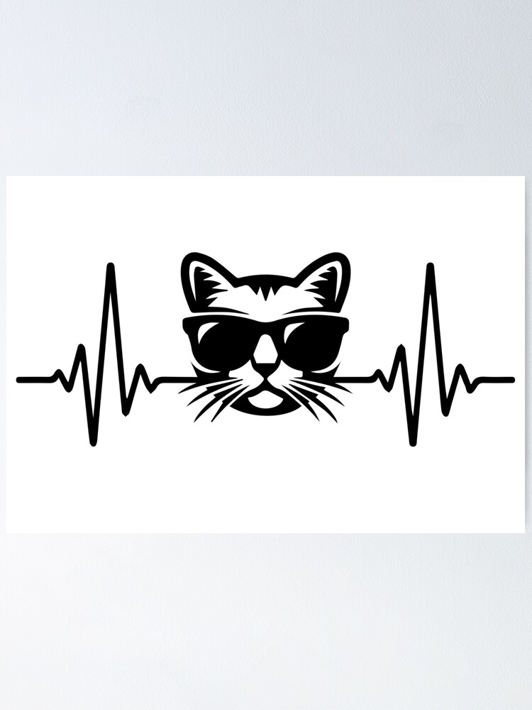 Poster Battement De Coeur De Chat Mignon Avec Des Lunettes De Soleil Par Simoarte Redbubble