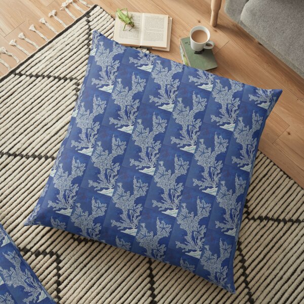 Sea Fan Coral White Starfish Midnight Blue Painting Floor Pillow