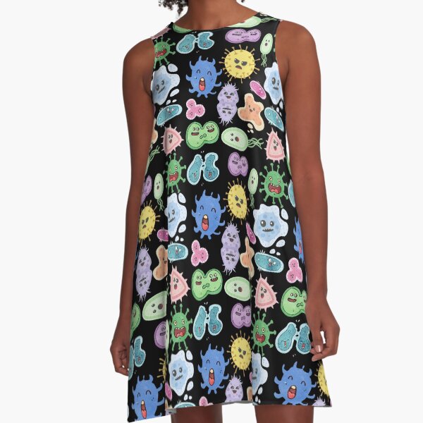 Cute Microbes Bacteria, Virus, Ecoli MicroBiology Seamless Pattern Sticker Pack. A-Line Dress
