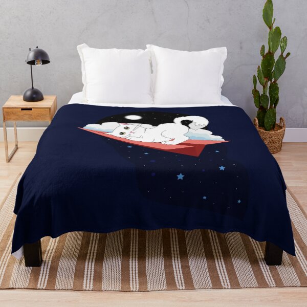 Item preview, Cute white cat with high tail and brown eyes flying on red paper airplane at starred full moon night and soft blue clouds designed and sold by SGS-.