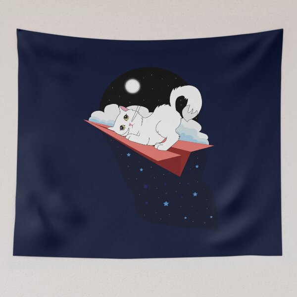 Item preview, Cute white cat with high tail and brown eyes flying on red paper airplane at starred full moon night and soft blue clouds designed and sold by SGS-.
