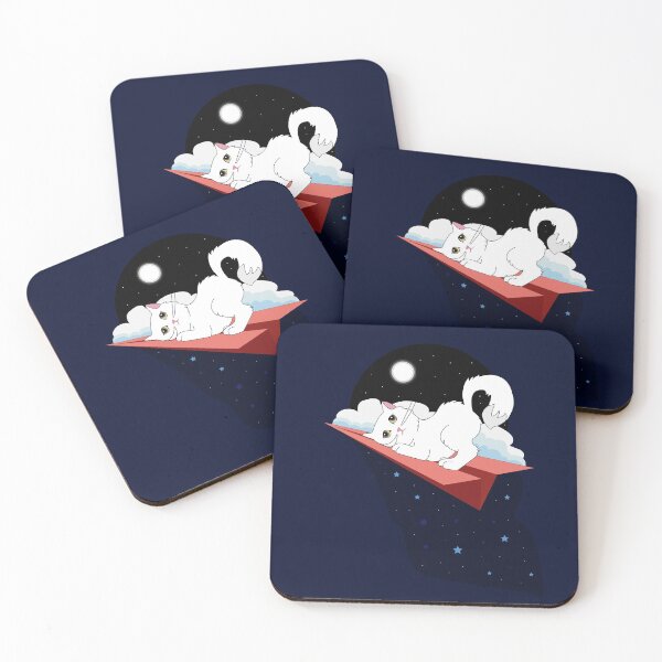 Item preview, Cute white cat with high tail and brown eyes flying on red paper airplane at starred full moon night and soft blue clouds  designed and sold by SGS-.