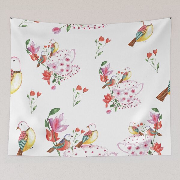 Item preview, Flower tea cup and birds in watercolor designed and sold by latiendadearyam.