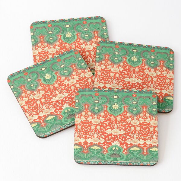 Item preview, WHITE LOTUS FLOWERS IN RED GREEN HUES Anique Chinese Floral Pattern designed and sold by BulganLumini.
