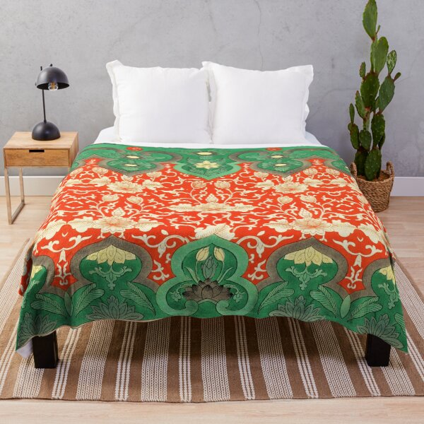 Item preview, WHITE LOTUS FLOWERS IN RED GREEN HUES Anique Chinese Floral Pattern designed and sold by BulganLumini.