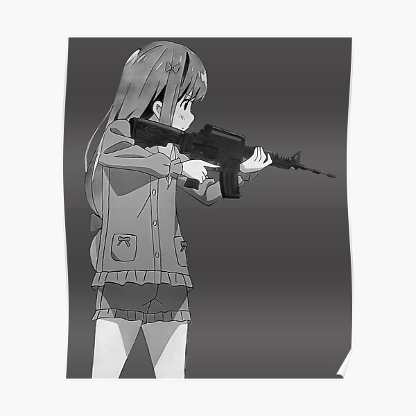 Militaristic style cute anime girl Sagiri Izumi with M16 automatic rifle. Military style girl Eromanga Sensei armed with M16A4 carbine assault rifle. | Grayscale, monochrome. Poster
