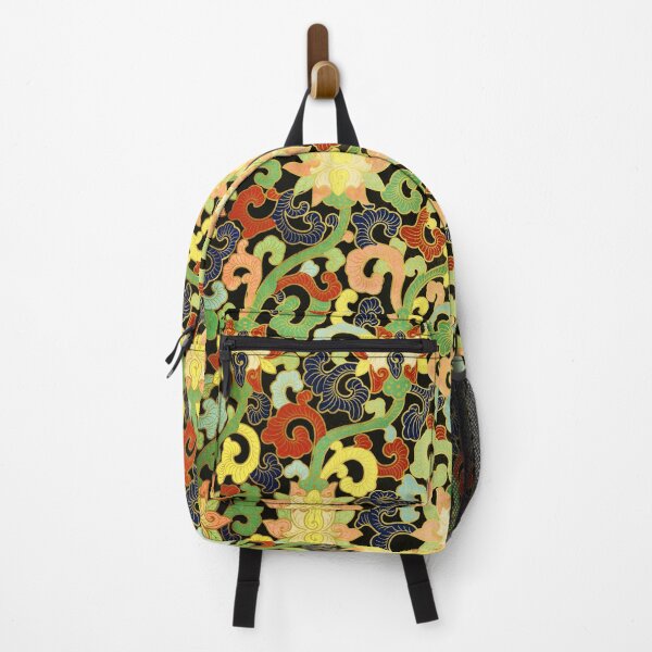 Item preview, STYLIZED LOTUS FLOWERS IN YELLOW RED BLUE GREEN LEAVES, SWIRLS Anique Chinese Floral designed and sold by BulganLumini.