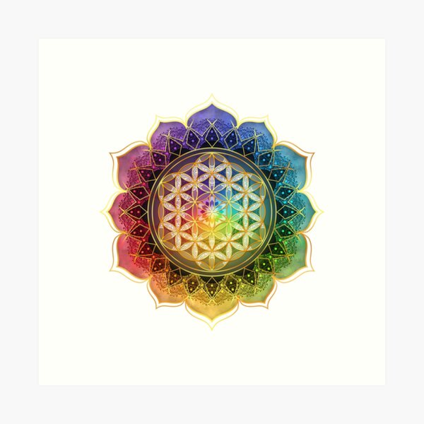 Rainbow Flower of Life with Lotus Art Print