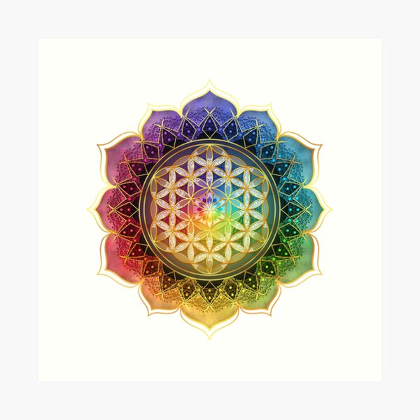 Rainbow Flower of Life with Lotus Art Print