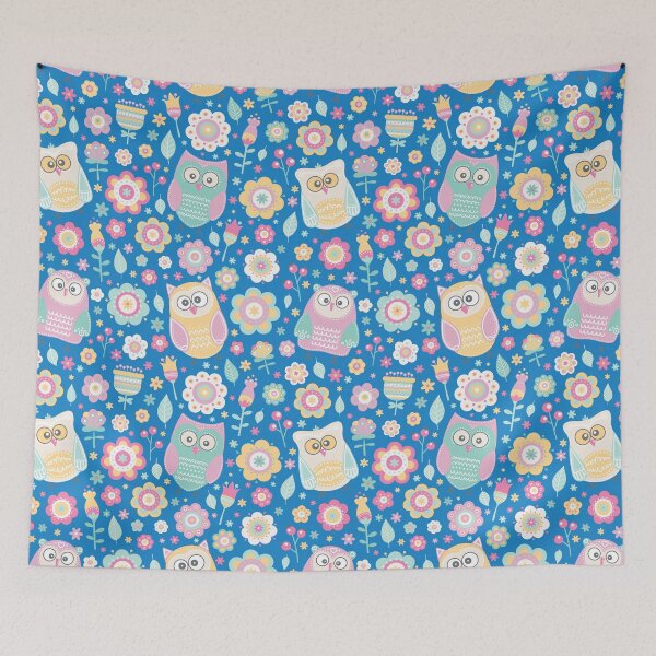 Item preview, Cartoon owls and flowers, for owls lovers, owl bird lover - Aesthetic Pattern - Blue designed and sold by PattyTheGecko.