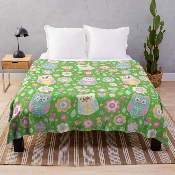 Item preview, Cartoon owls and flowers, for owls lovers, owl bird lover - Aesthetic Pattern - Vivid Green designed and sold by PattyTheGecko.