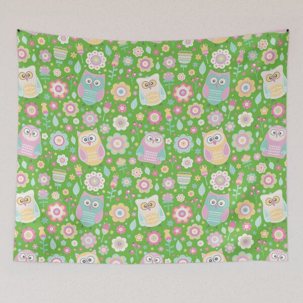 Item preview, Cartoon owls and flowers, for owls lovers, owl bird lover - Aesthetic Pattern - Vivid Green designed and sold by PattyTheGecko.
