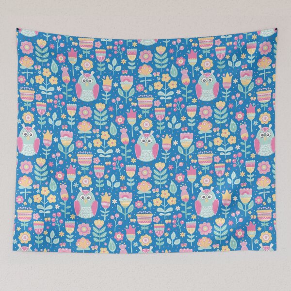 Item preview, Colorful owls and flowers, for owls lovers, owl bird lover - Aesthetic Pattern - Blue designed and sold by PattyTheGecko.