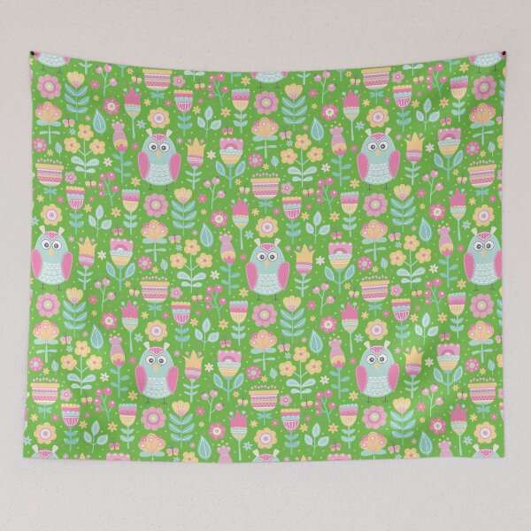 Item preview, Colorful owls and flowers, for owls lovers, owl bird lover - Aesthetic Pattern - Vivid Green designed and sold by PattyTheGecko.