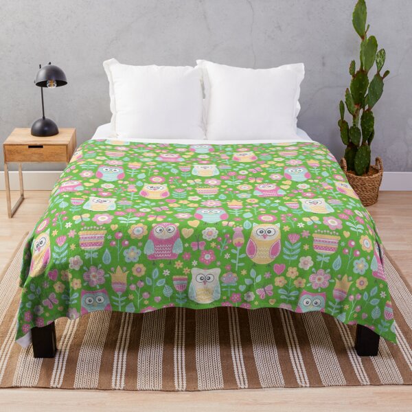 Item preview, Colorful owls and flowers, for owls lovers, owl bird lover - Aesthetic Pattern - Vivid Green designed and sold by PattyTheGecko.