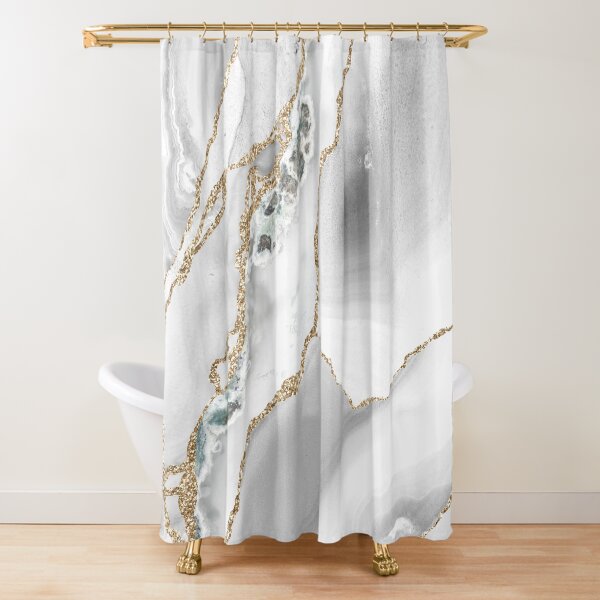 "Grey White Gold Agate Geode Marble " Shower Curtain for Sale by