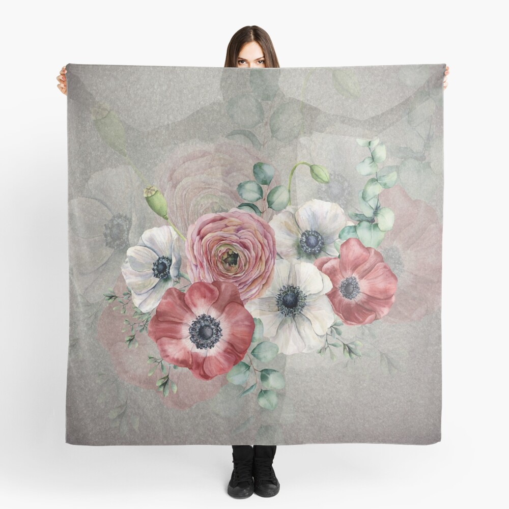Watercolor Anemone Collection: Red and White Scarf