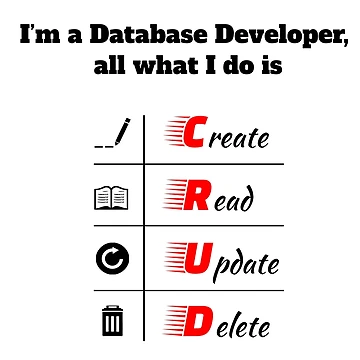 Artwork thumbnail, I’m a Database Developer, all what I do is CRUD, dark text, SQL, NoSQL, Software Engineer, Computer Science, Programming Humor by Max-Wear