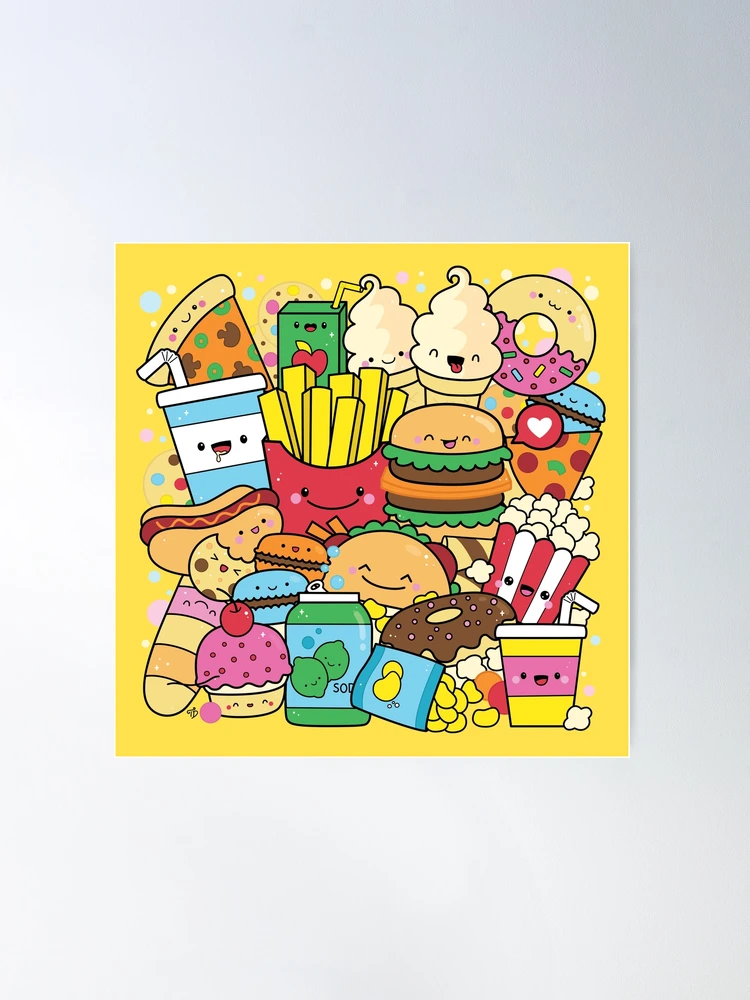 Happy Junk Food Burger Fries Food Doodle | Kawaii Art by Tatyana Deniz |  Poster