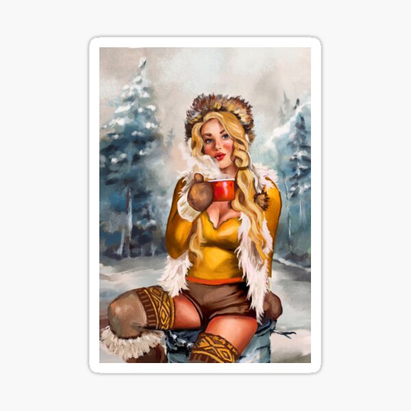 Item preview, "Winter Drinks" Pinup Blonde With A Hot Drink designed and sold by The Whiskey Ginger Design Shop.