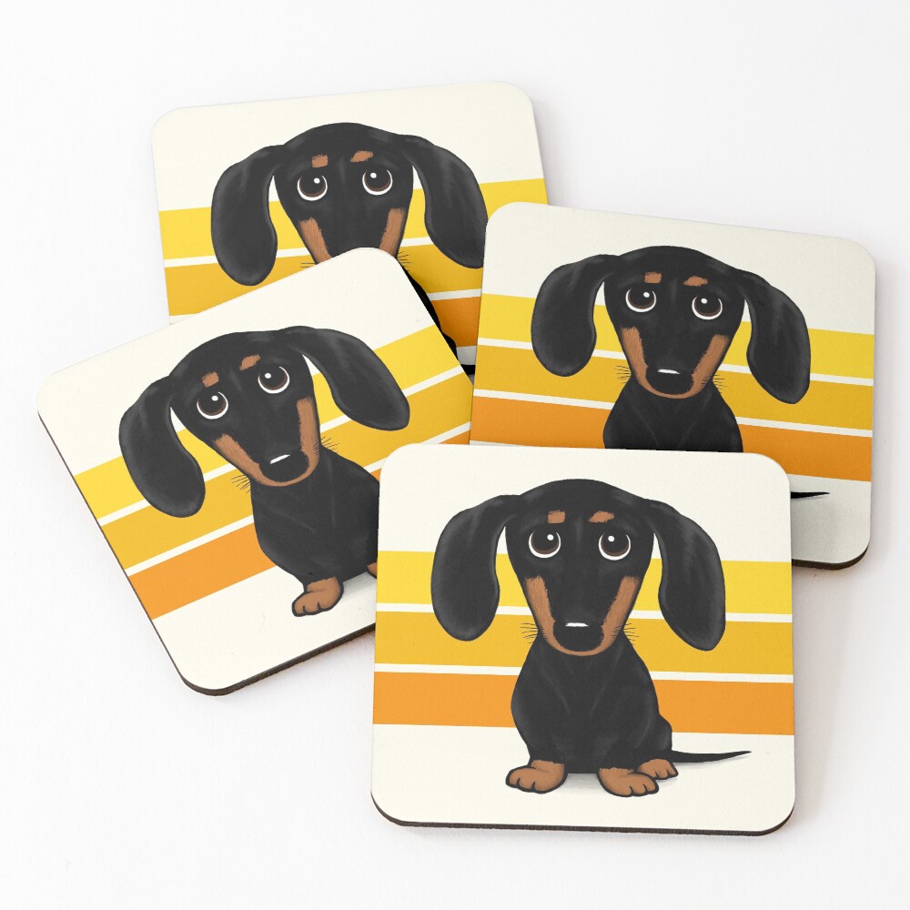 Cute Black and Tan Smooth Coated Dachshund Cartoon Dog Coasters (Set of 4)