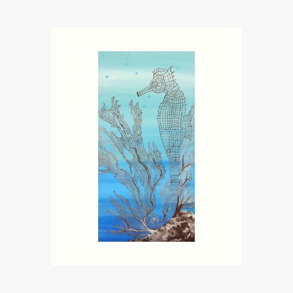 Seahorse Sea Fan Coral Blue Underwater Moon Glow Design Art Print
