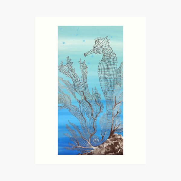 Seahorse Sea Fan Coral Blue Underwater Moon Glow Design Art Print
