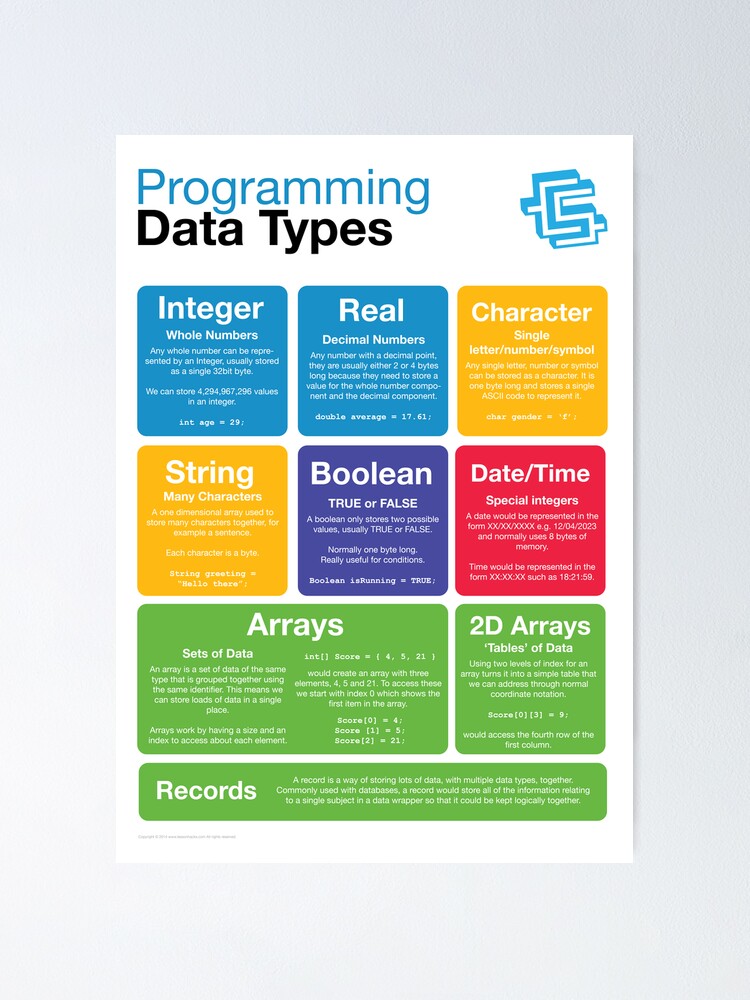 "Programming Data Types (Coding Literacy)" Poster by lessonhacker