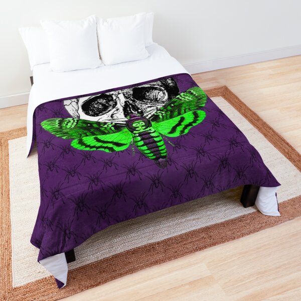 Acid Green Skull Moth on Purple Spider Pattern - Goth Fashion - Halloween Comforter